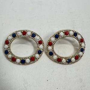 Vtg Tiptoe Shoe Clips 2 Red White Blue Glass Rhinestones Oval Gold-tone Hinge